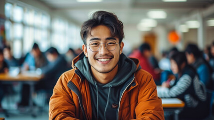 Cheerful young Asian male student smiling at the camera with a classroom full of fellow students studying in the background, embodying academic success and happiness - obrazy, fototapety, plakaty