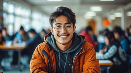 Poster Cheerful young Asian male student smiling at the camera with a classroom full of fellow students studying in the background, embodying academic success and happiness © Bartek