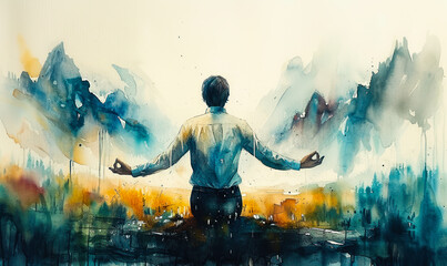 Artistic watercolor painting of a contemplative man meditating with outstretched arms, merging with a serene mountainous landscape, symbolizing peace, balance, and oneness with nature