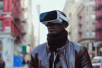 A man wearing virtual reality glasses walks around the city. New technologies concept.
