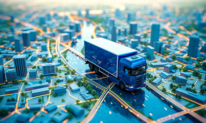 Conceptual representation of logistics and delivery services with a blue delivery truck on a stylized city map highlighting route optimization and urban distribution - obrazy, fototapety, plakaty