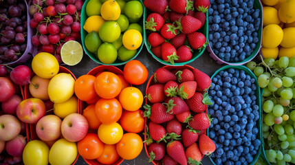 Healthy food. Various vibrant color fruits , top view, creative flat layout. Frame of different fruits. Colourful vegetables and fruits still life. composition with different fruits and berries