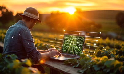 Modern agriculture technology with a person using a laptop to analyze data on sustainable farming practices at sunset in a vineyard - obrazy, fototapety, plakaty