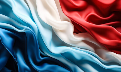 Elegant blue, white, and red silk fabrics intertwined, symbolizing the French tricolor flag, representing freedom, equality, and fraternity in a soft, flowing texture - obrazy, fototapety, plakaty