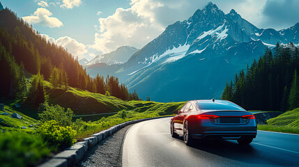 Luxury sedan driving on a scenic mountain road with panoramic views of alpine peaks and lush green forests in a tranquil summer travel adventure - obrazy, fototapety, plakaty