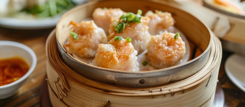 Steamed shrimp and pork dumplings served in a bamboo steamer basket with shrimp on top and minced pork and soup inside.