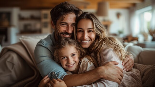 Happy family spending time together in house, smiling, laughter. Generative AI.