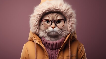 A red cat with glasses and a sweatshirt, a stylish pet. Close-up portrait on a pink background