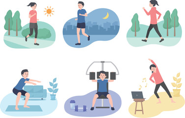 有酸素運動や筋トレをする男女のイラストセット