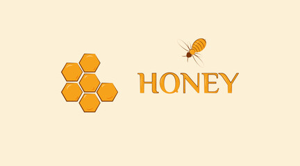 Banner with the inscription: "Honey", in flat style, honeycombs, bees. Background on the theme of beekeeping.
Vector eps 10, for print and web.