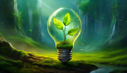 Green glowing bulb with a plant inside, renewable energy concept