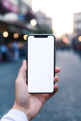 Blurred mockup image of hand holding mobile phone with blank white screen on blurred background