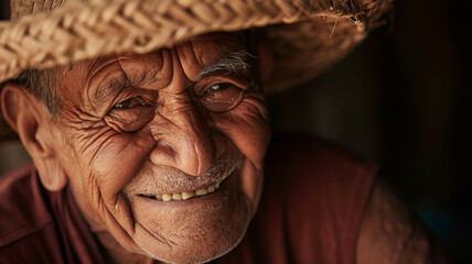 A close-up of a Cheerful Latino Grandfather, Wrinkled Face Beaming - obrazy, fototapety, plakaty