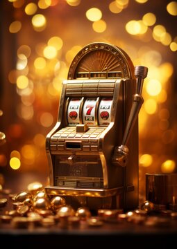 Slot machine on a golden background. Gambling. Generative AI.