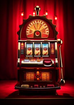 Slot machine on a red background. Gambling. Generative AI.
