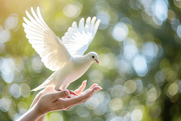 Pair of hands releasing a white dove - obrazy, fototapety, plakaty