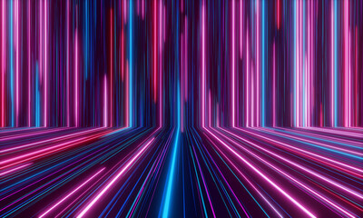neon rays and glowing lines. abstract futuristic neon background, speed of light, 3d illustration.