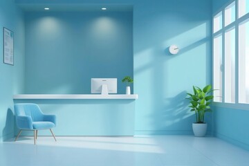 A clean and calm interior of a light blue medical center, embodying simplicity and serenity..