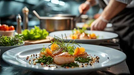 Chef in a kitchen, Prepared gourmet dish being in a high-end restaurant kitchen. Generative AI.