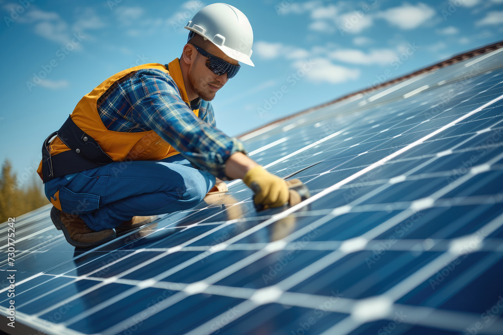 Poster electrical engineer installing a solar panel roofing. generative ai.
