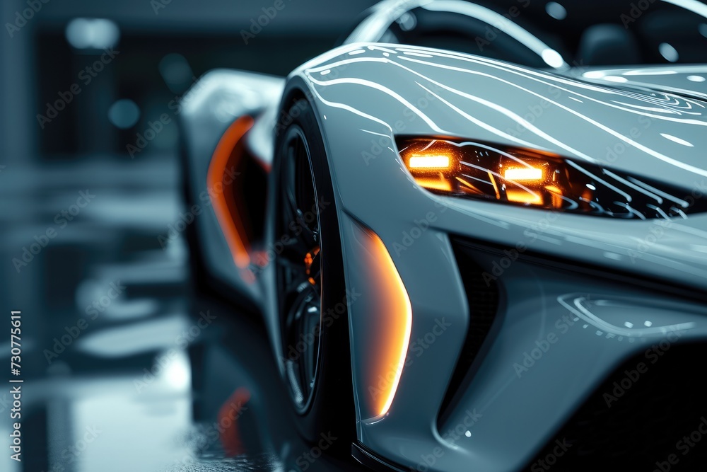 Poster close up photo of a corner front-end of a futuristic sports car. generative ai.