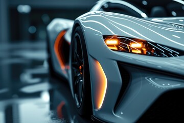 Close up photo of a corner front-end of a futuristic sports car. Generative AI.