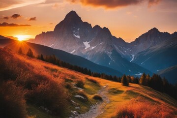 Obraz premium Mountain landscape at sunset golden hour