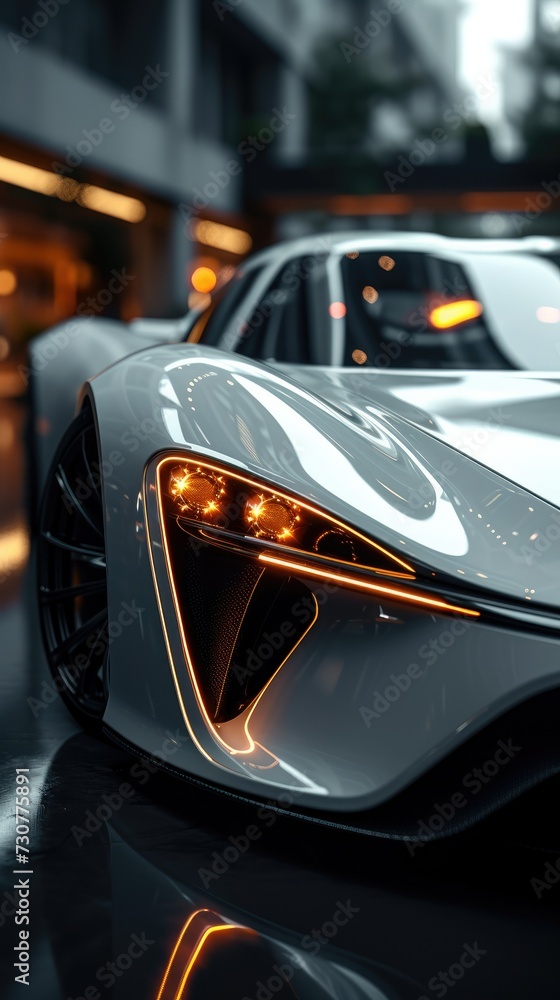 Poster close up photo of a corner front-end of a futuristic sports car. generative ai.