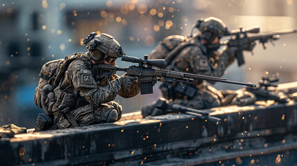 .A detailed photograph of a sniper team positioned on a rooftop - obrazy, fototapety, plakaty
