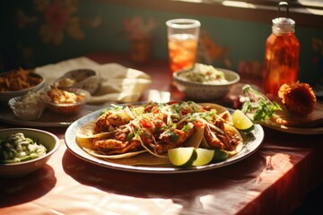 a table topped with plates of food and drinks