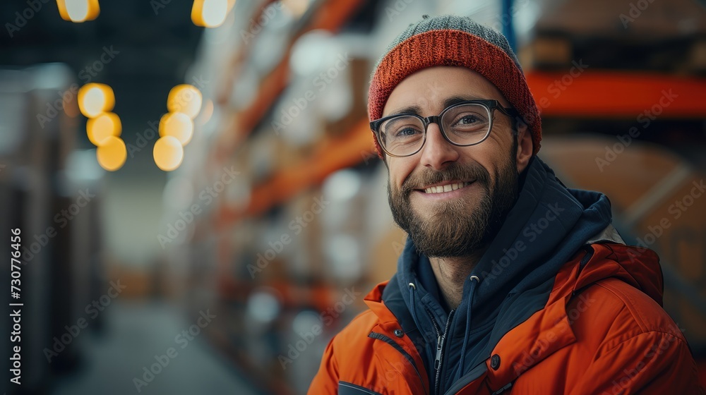 Poster smiling warehouse worker in the logistic warehouse. generative ai.