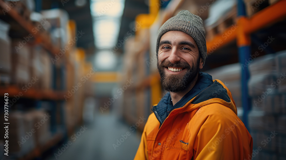 Poster Smiling warehouse worker in the logistic warehouse. Generative AI.