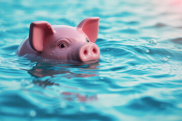 Drowning in debt and keeping your financial head above water represented by a piggy bank pink pig...