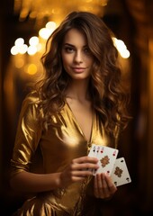 A beautiful woman holds poker cards in her hands. Generative AI.