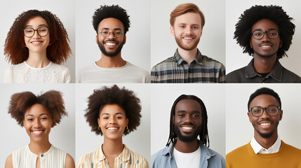 Many Headshots of a smiling men and women on a white background looking at the camera, Various careers - obrazy, fototapety, plakaty