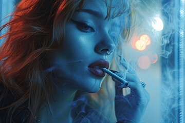 Obraz premium A woman is captured smoking a cigarette, the tendrils of smoke curling around her in a moment of contemplation or relaxation.