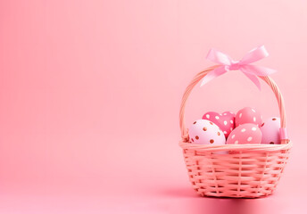 Fototapeta na wymiar Easter Eggs in basket on pink backround, copy space.