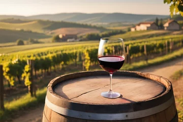 Fototapeten Glass of red wine on a barrel in the countryside, warm light © Giuseppe Cammino