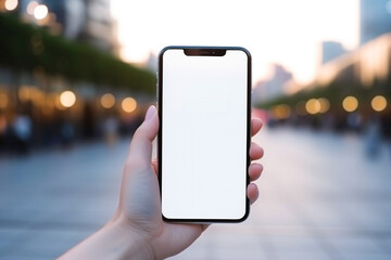 Blurred mockup image of a female hand holding mobile phone with blank white screen on blurred city background