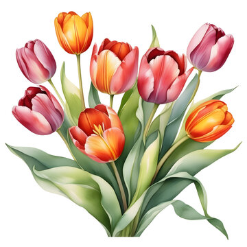 Watercolor colorful Tulip flower bouquet composition element graphic clipart for card invitation wrapping design