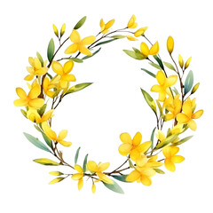 Watercolor Easter wreath of yellow Forsythia flower clipart illustration for season holiday design decoration