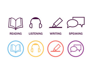 Language skill icon set. Speaking, listening, reading, writing