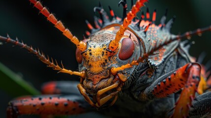 An enlarged bug with red and orange spikes up close. Generative Ai.