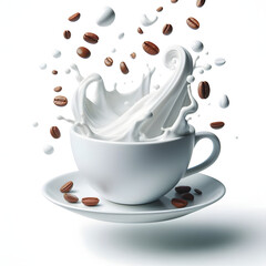 cup of coffee with milk splash with flying coffee beans 