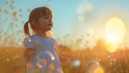 little child laughs with bubbles on field, light indigo and light amber style