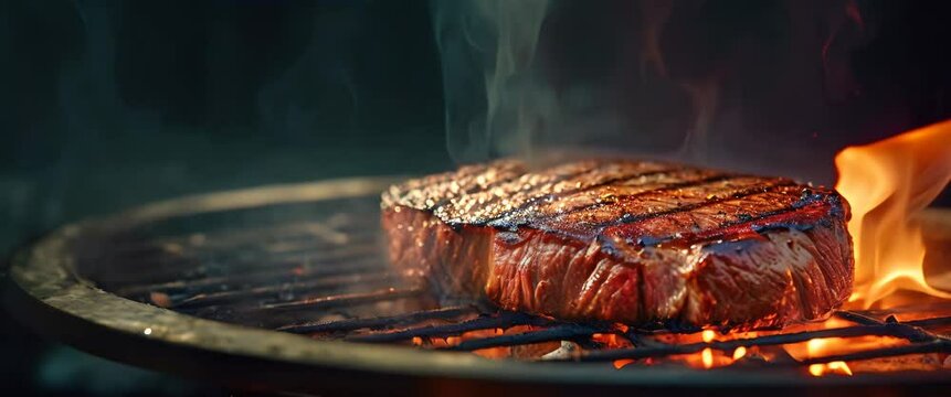 Sizzling on the grill, the steak's juices caramelize in the heat, a testament to the art of cooking. Grilled meat fills the air, as flames dance around the edges, sumptuous cut of beef