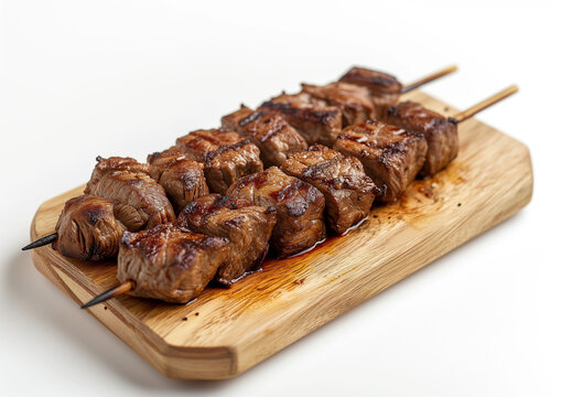 Delicious beef skewers, grilled, wood plate or tray. Isolated white background, Brazilian traditional "espetinhos de carne", bbq food
