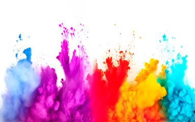 Multicolored bright splash Holi on white background, copy space.
