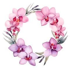 Fototapeta na wymiar Watercolor pink purple Orchid flower wreath clipart element for card print cover textile decoration
