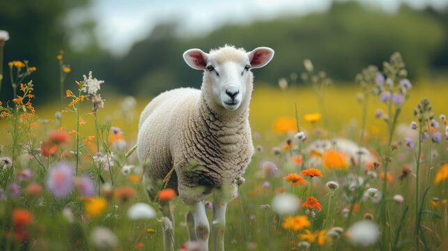 A sheep standing in a grassy. Generative Ai.
